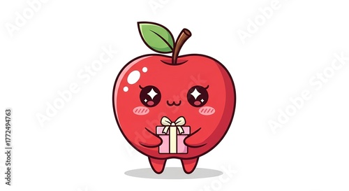 Vector cartoon illustration of a red apple with a green leaf and a worm, symbolizing fresh and healthy fruit for a natural diet