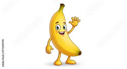 A funny yellow banana cartoon character illustration with a happy face, isolated on white background, drawn in vector art