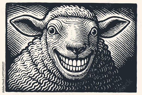 A creepy smiling sheep with a wide human grin. Black and white vector illustration in a retro, vintage woodcut or engraving art style.