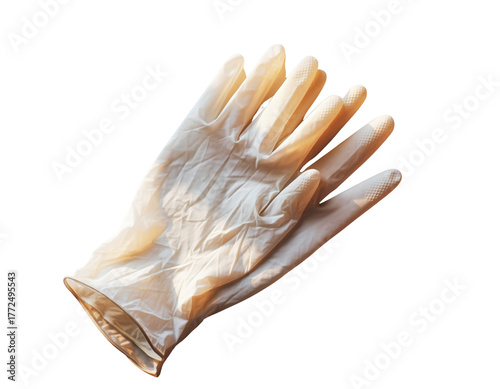 A single-use glove made of latex, featuring textured fingertips and a crinkled appearance, designed for hygiene and safety.