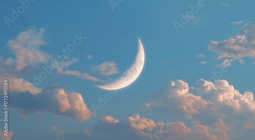 The daytime sky is a brilliant blue with a striking half moon and soft, puffy white clouds, capturing a serene natural celestial landscape in photography