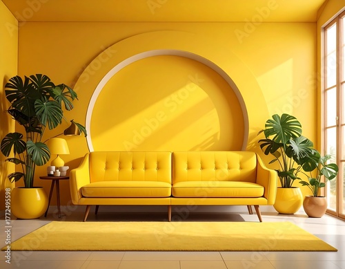 Modern yellow room with sofa, plants, arch, and sunlight