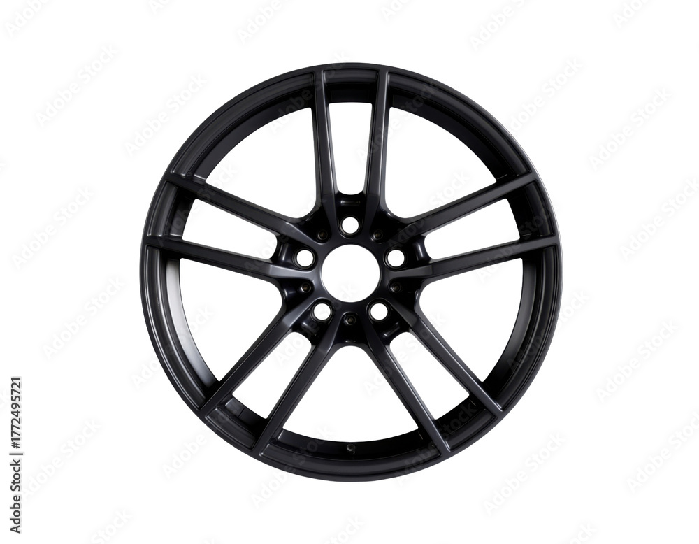 Obraz premium A sleek black alloy wheel with a modern design, featuring multiple spokes and a circular shape.