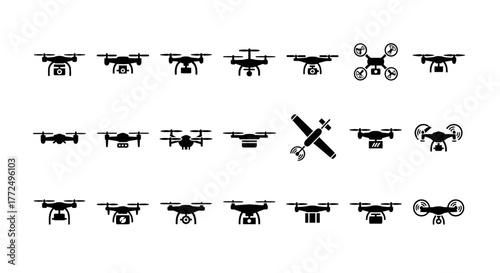A comprehensive icon set of various unmanned aerial vehicle designs, showing modern remote flight technology for delivery and surveillance