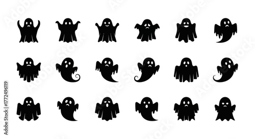 Set of black ghost icons with various spooky expressions for Halloween. Creative phantom silhouette collection vector illustration