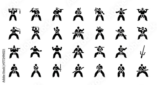 Set of ninja warrior pictograms showcasing fighting stances and kung fu techniques with assorted weapons like katana and nunchucks