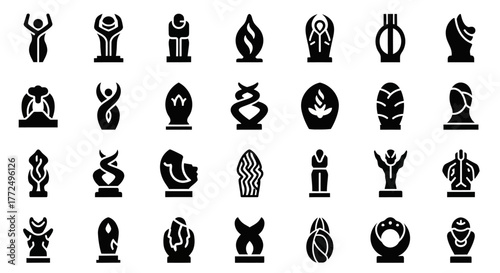 A diverse collection of solid black glyphs depicting primitive human figures, ancient cultural totems, and tribal art symbols