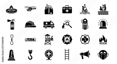 Collection of monochrome glyph icons representing rescue operations, firefighting, medical aid, and emergency response equipment
