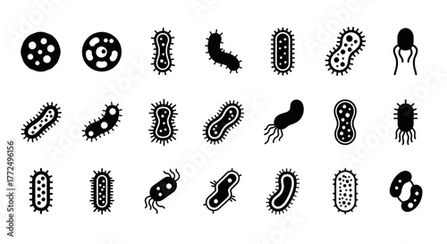 Collection of infectious disease and microbiology symbols, bacteria and virus icons for scientific and medical design elements