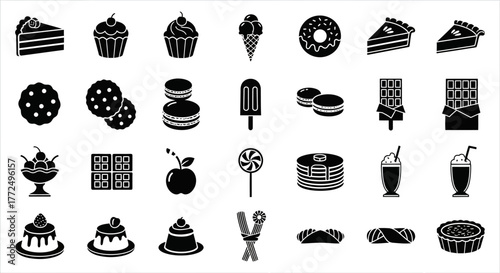 Simple collection of monochrome sweet food and dessert icons. A creatively designed vector glyph set for bakery, pastry, and confectionery themes