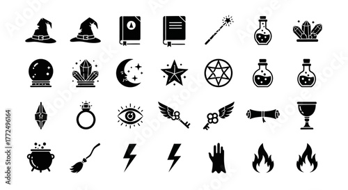 A comprehensive vector set of black glyph icons representing magic, witchcraft, and esoteric symbols for fantasy and mystical design projects