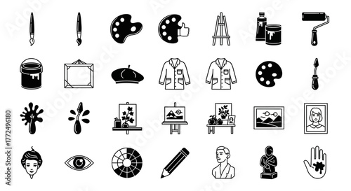 A versatile collection of monochrome glyph icons representing artist tools, painting supplies, and creative craft symbols for design projects