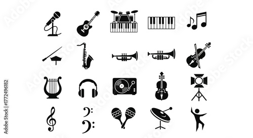 A comprehensive collection of solid black glyph icons representing various musical instruments, audio equipment, and notation symbols