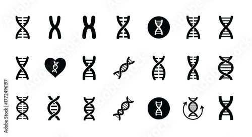 A versatile collection of black silhouette icons representing genetics, DNA helix structures, and chromosome symbols for science