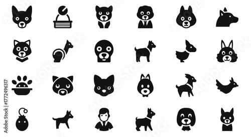 A versatile Kufu-inspired glyph icon collection of dogs and pets. This set features various canine breeds, animal care symbols, and people, perfect for web and mobile design