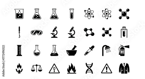 A comprehensive set of black solid glyph icons representing chemistry, scientific research, and laboratory safety symbols