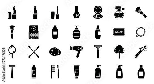 Set of black glyph icons depicting bathroom essentials, skincare products, makeup items, and hygiene tools isolated on a white background