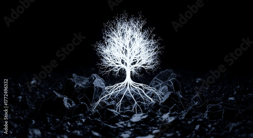 Luminous white tree of life with glowing roots on dark ground. Mystical concept of growth, connection, and spirituality. Abstract fantasy illustration on a black background