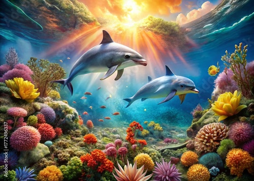 Dolphins & Coral Reef: Vibrant Underwater Scene Stock Photo