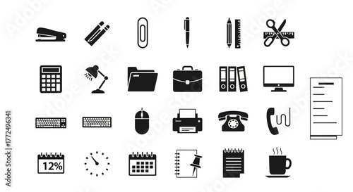 A comprehensive collection of black glyph icons representing business essentials, office supplies, and workplace equipment