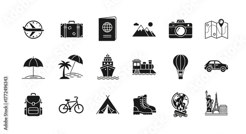 A comprehensive set of black glyph icons representing various aspects of travel, tourism, transportation, and leisure activities for vacation planning