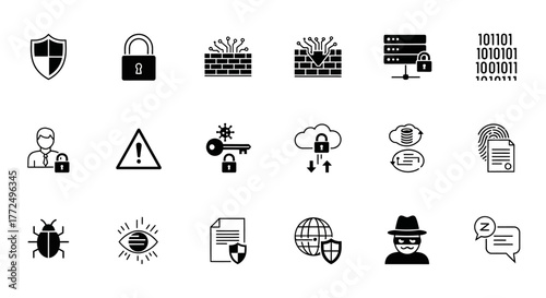 Cybersecurity and data protection glyph icon set. A collection of vector symbols for internet security, privacy, and network safety