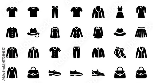 A versatile glyph icon collection of fashion and clothing symbols. This minimalist vector set features various apparel and accessory designs