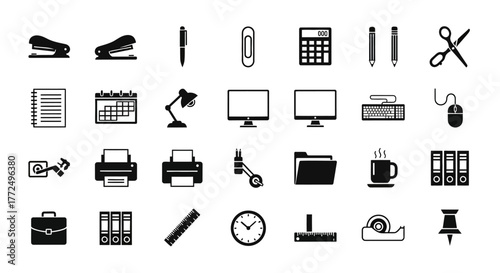 Comprehensive set of solid glyph icons representing office supplies, stationery, and technology for modern workplace efficiency and organization