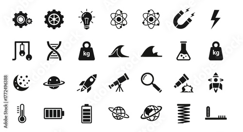 A versatile collection of science glyph icons including physics, biology, and astronomy symbols for web and print