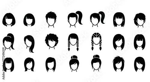 Vector graphic set of women's haircuts and stylish hairdos. A collection of minimalist avatar head icons for beauty and fashion design