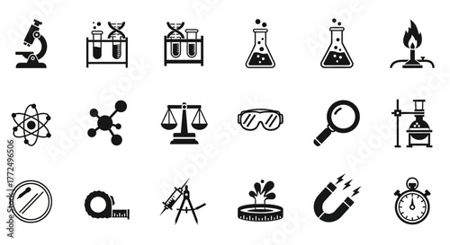 A comprehensive set of vector icons representing scientific research, laboratory equipment, and educational concepts in chemistry and physics