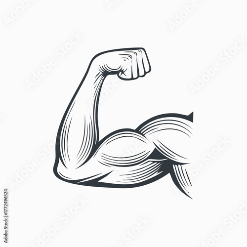 Engraving style vector art of a strong man's arm flexing bicep muscles on a white background