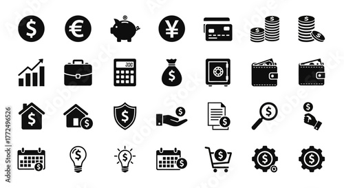 A comprehensive set of universal glyph icons representing financial management, economic growth, currency, savings, and investment strategies