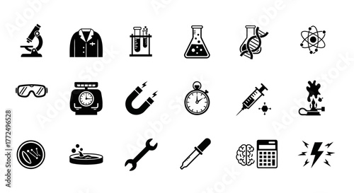 A comprehensive set of black glyph icons representing science, chemistry, and laboratory research equipment. Vector illustration collection