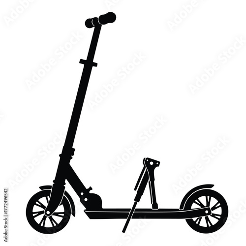 Black silhouette of a kick scooter isolated on white background