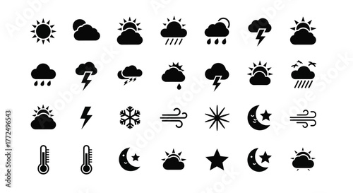 A versatile set of solid black weather forecast glyph icons, showing various meteorological conditions like sun, rain, storms, and wind for UI design