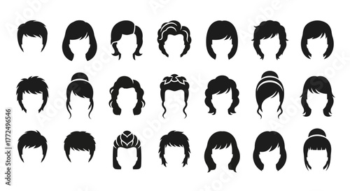 A diverse collection of female hairstyle icons and haircut silhouettes. Vector set showing various women's coiffures for beauty salons and avatars