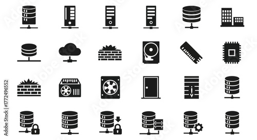 Server technology and data hosting solid glyph icon set. Includes symbols for database management, network hardware, and information security concepts