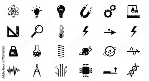 Collection of science and technology glyph icons for education and research, illustrating concepts from physics, chemistry, and engineering