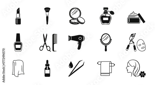 Vector glyph icon collection of personal care tools, makeup accessories, and hairdressing equipment for beauty salon and spa services