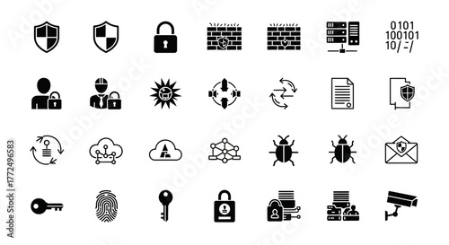 Comprehensive set of black glyph icons representing cyber security, data protection, network safety, and digital privacy concepts