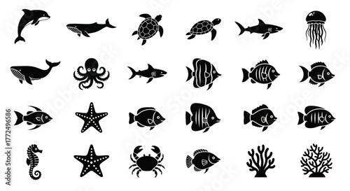 Monochrome vector icon pack featuring various sea creatures and marine life. A graphic collection of aquatic animal silhouettes for design projects