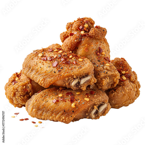 Crushed red pepper flakes sprinkled on fried chicken wings, spicy look