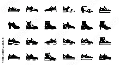 A diverse collection of footwear icons in a solid black glyph style, featuring various sneakers, boots, heels, and sandals