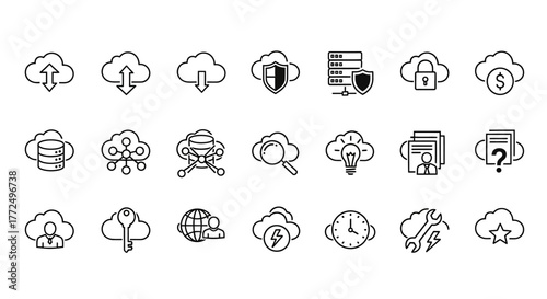 Set of minimalist outline icons for cloud technology, database hosting, server security, and web services