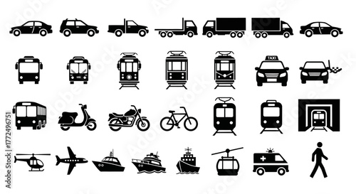 Comprehensive vector icon set of various transportation vehicles for land, air, and sea travel