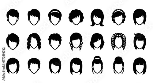 Collection of female hairstyle icons set. Vector illustration of women's heads with different haircuts and styles for avatars or profiles