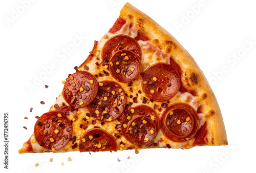 Crushed red pepper flakes sprinkled over pizza slice, vibrant colors, transparent