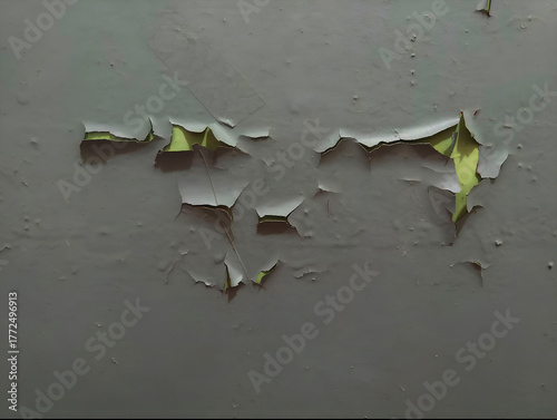 A fragment of a grey wall with peeling paint.
