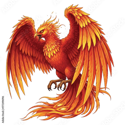 a fiery bird of legend spreading its wings in a bold, powerful stance